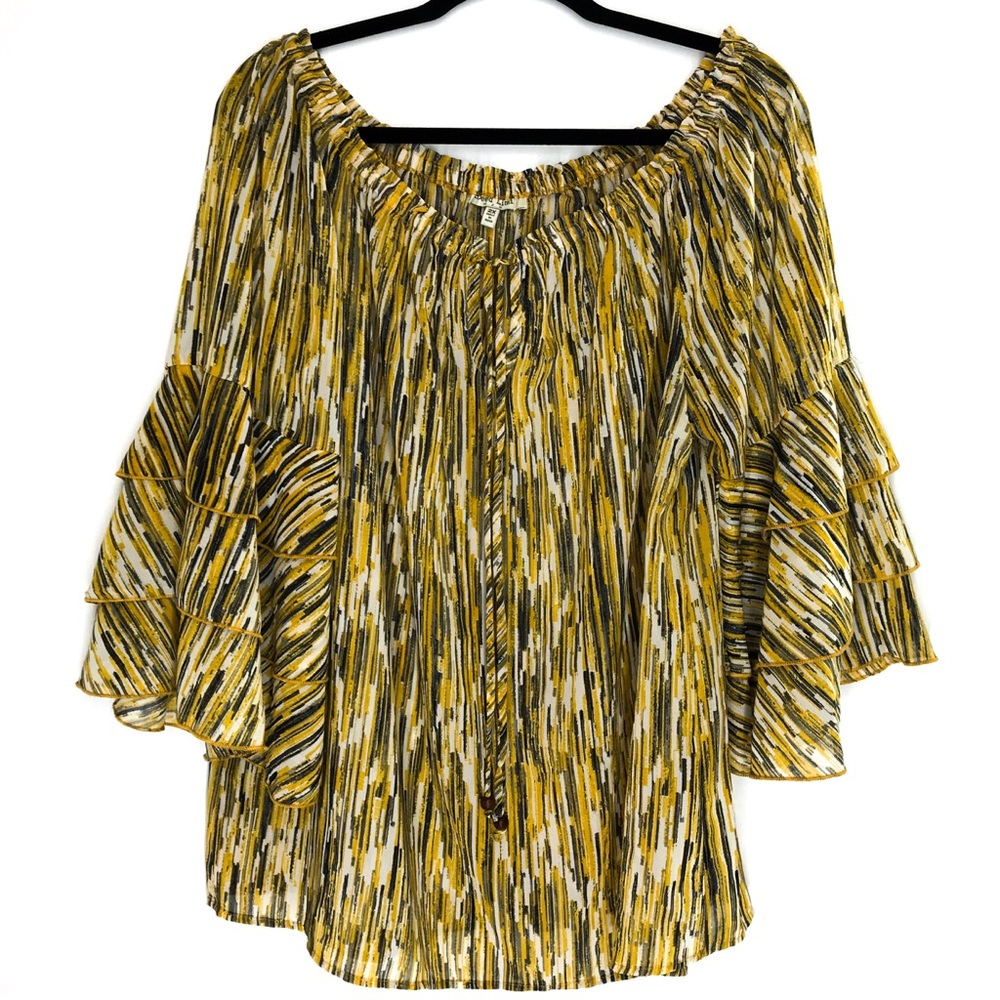 Speed Limit MPH Blouse Size 2X but fits like 1XL. Flare Bell Sleeve,Yellow Black